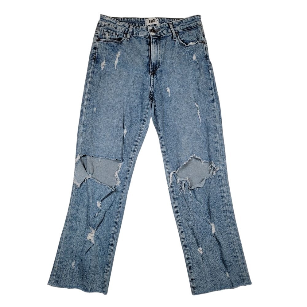 PAIGE Noella Jeans Womens Sz 27 Blue Relaxed Distressed Raw Hem Fray Medium Wash